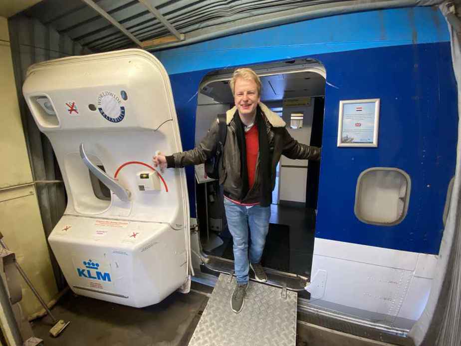 Niels Dam at main cabin door of Boeing 747-300 PH-BUK at Aviodrome, Netherlands.