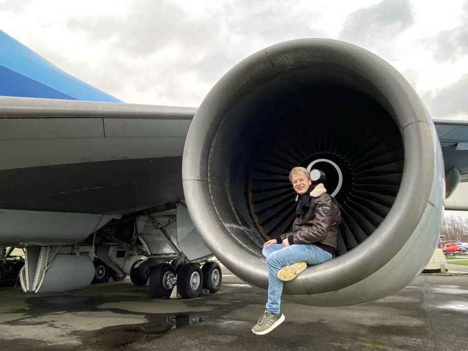Niels Dam relaxing in turbine inlet of KLM Boeing 747-300 PH-BUK at Aviodrome, Netherlands.