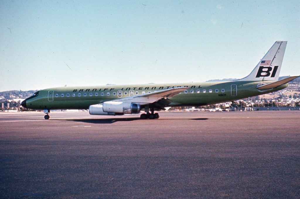 Braniff International DC-8-62 N1805 lime green SFO early 1970s.