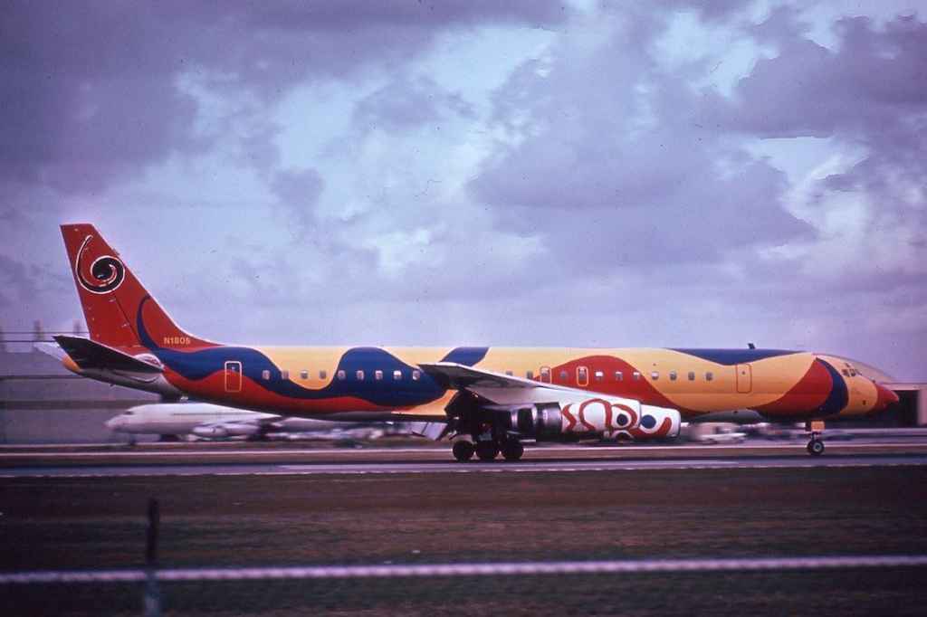 Braniff International DC-8-62 N1805 MIA mid 1970s Calder scheme.