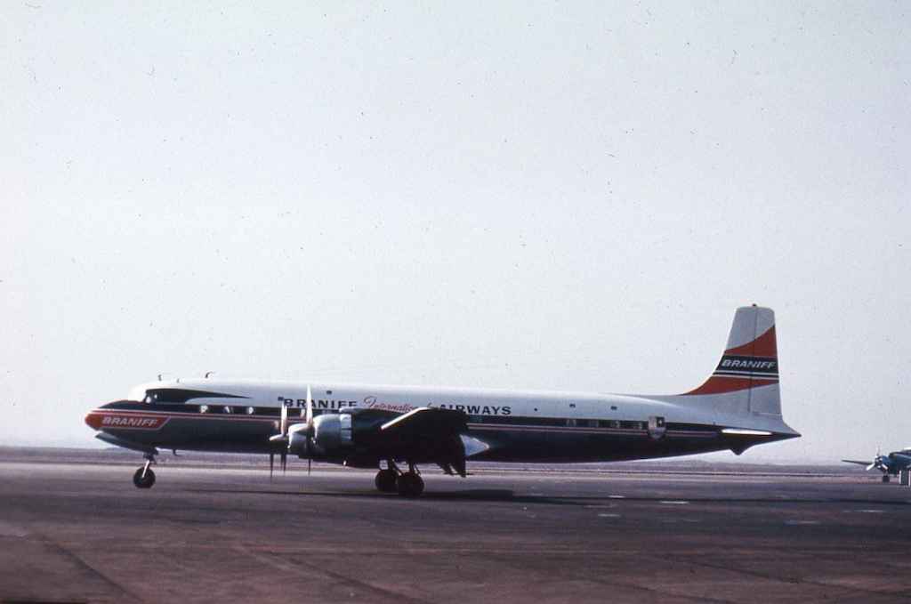 Braniff International Boeing DC-7 early 1960s reg not visible.