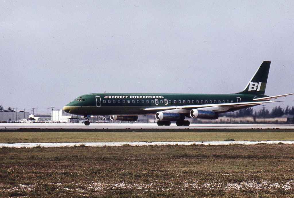 Braniff International DC-8-62 N1803 at Miami circa 1972.