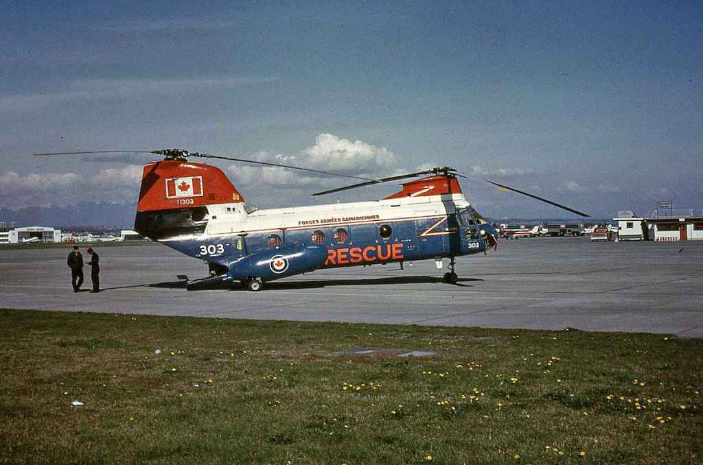 Canadian Armed Forces Rescue CH113A Labrador 11303 YVR Vancouver South Terminal April 1973. (Photo credit: Dr. John Blatherwick)