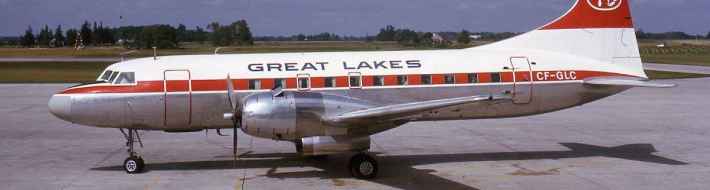 Great Lakes Airlines – Aircraft Photo History An absolutely magnificent shot of Great Lakes Convair 440 CF-GLC possibly at London, Ontario in July 1973. This aircraft was acquired from Swissair in December, 1969, and operated with Great Lakes until 1975, and was then parted out in 1976. In this photo it was still in the former Swissair scheme.