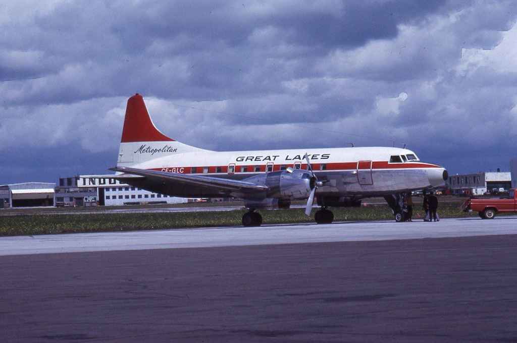 Great Lakes Convair 440 CF-GLC possibly at the Edmonton Industrial Airport in July, 1971. This aircraft was acquired from Swissair in December, 1969, and operated with Great Lakes until 1975, and was then parted out in 1976. In this photo it was still in the former Swissair scheme.