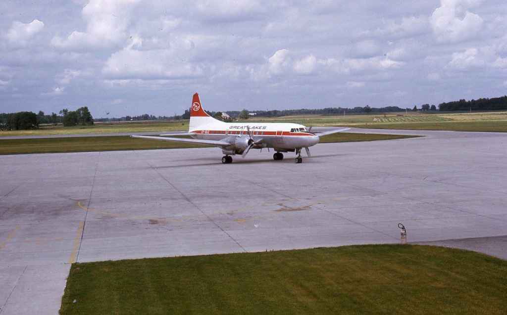 Great Lakes Convair 440 CF-GLC at London, Ontario in July, 1973. This aircraft was acquired from Swissair in December, 1969, and operated with Great Lakes until 1975, and was then parted out in 1976. In this photo it was still in the former Swissair scheme.