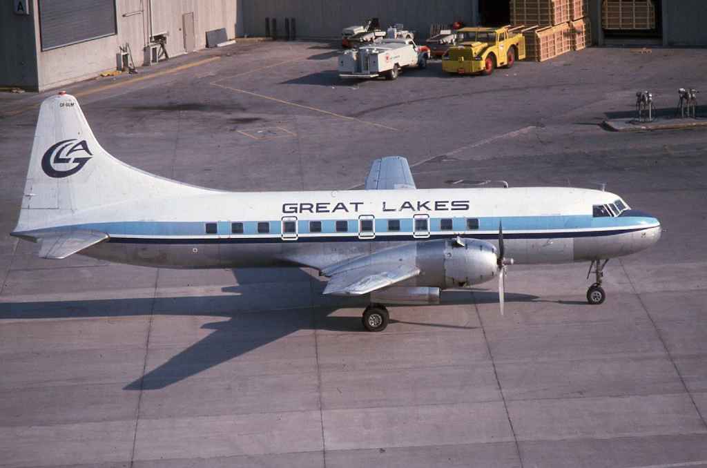 Great Lakes Airlines Convair 440 CF-GLM at Toronto May 1975. This Convair 440 was acquired from Linjeflyg of Sweden in early 1974, and was sold into the US as N24DR when Great Lakes ugraded their piston Convair 440 fleet to Allison turbine Convair 580s.