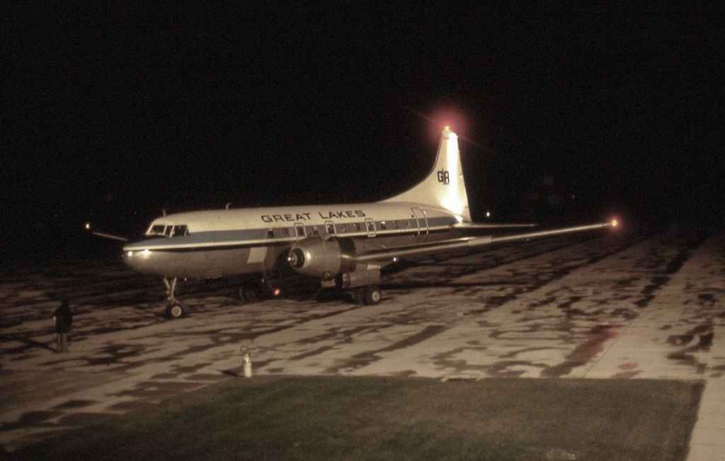 A nice night shot with engines running at London, Ontario November, 1973. Great Lakes Airlines Convair 440 CF-GLK was also of Linjeflyg Sweden heritage and was acquired in late 1973, and was sold into the US as N21DR in May, 1977, during the period when Great Lakes upgraded their piston Convair 440 fleet to Allison turbine Convair 580s.