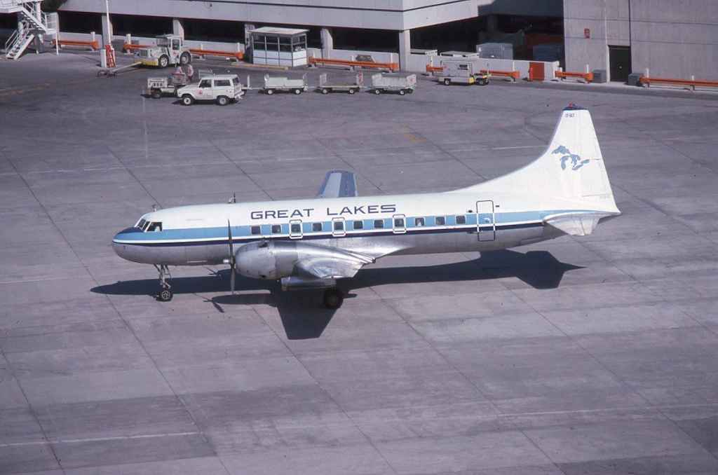 Great Lakes Airlines Convair 440 CF-GLT at Toronto in May 1975. This former Linjeflyg Sweden aircraft was in service with Great Lakes between January, 1974, and July, 1977.