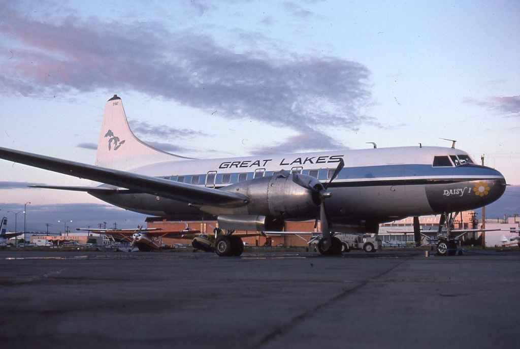 named Daisy 1, this is a nice shot of Great Lakes Airlines Convair 440 CF-GLT at Vancouver's South Terminal area in May 1975. This former Linjeflyg Sweden aircraft was in service with Great Lakes between January, 1974, and July, 1977.
