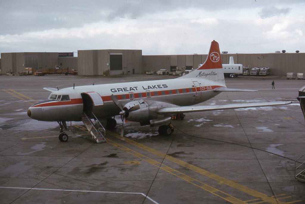Great Lakes Convair 440 CF-GLD at Toronto T1 in November 1973. This aircraft was acquired from Swissair in December, 1969, and operated with Great Lakes until September, 1995. In this photo it was still in the former Swissair scheme.