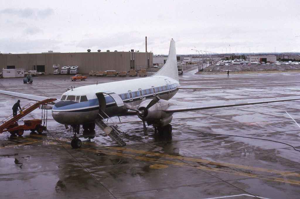 Great Lakes Airlines Convair 440 SE-CCX in service and operational at Toronto in November 1973 prior to be registered in Canada as CF-GLM. This Convair 440 was recently acquired from Linjeflyg of Sweden, and was sold into the US as N24DR when Great Lakes ugraded their piston Convair 440 fleet to Allison turbine Convair 580s.