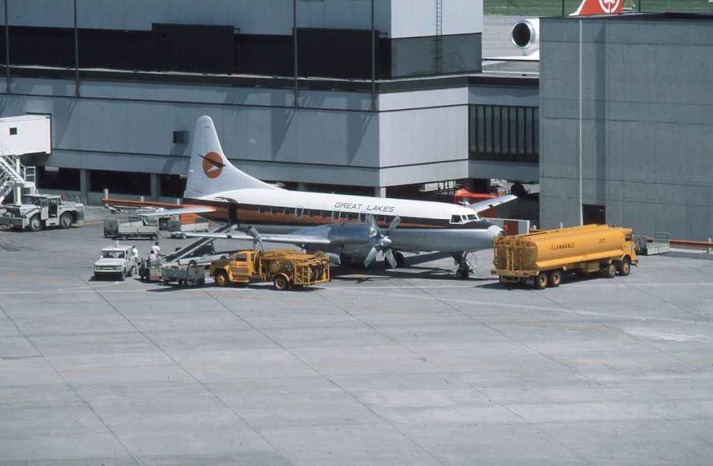 Great Lakes Airlines Convair CV580 C-GDTC at Toronto July 1976. Formerly with Allegheny Airlines as N5846 the aircraft was operated with Great Lakes and Air Ontario between April, 1976 and the early 1990s.