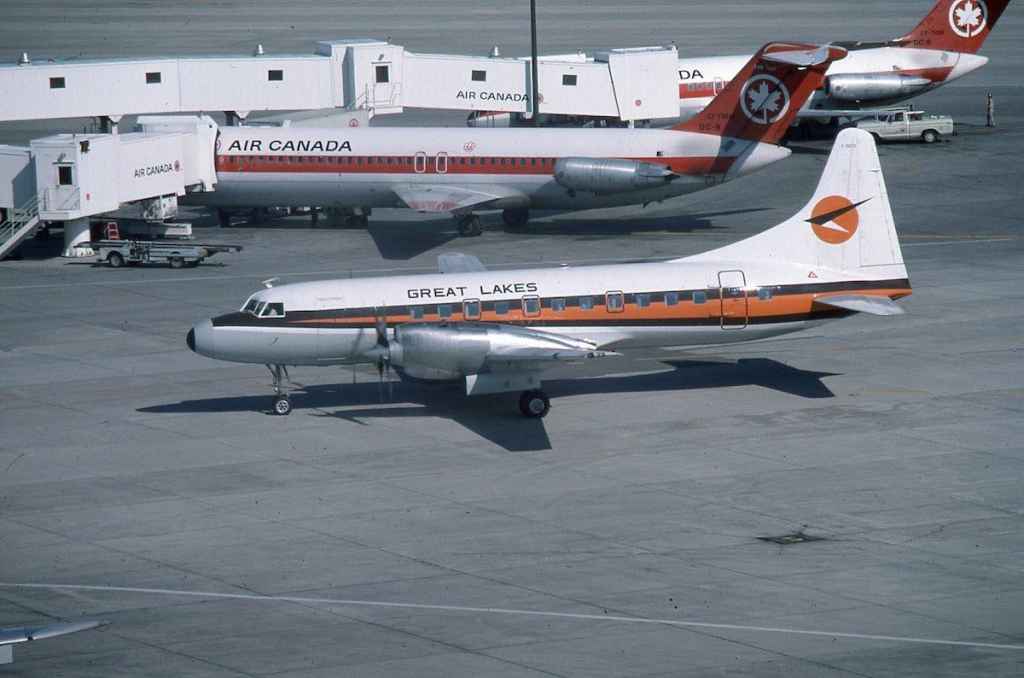 Great Lakes Airlines Convair CV580 C-GDTD at Toronto July 1976. Formerly with Allegheny Airlines as N5840 the aircraft was operated with Great Lakes and Air Ontario between April, 1976 and 1987 when it was sold to European Air Transport as OO-VGH.