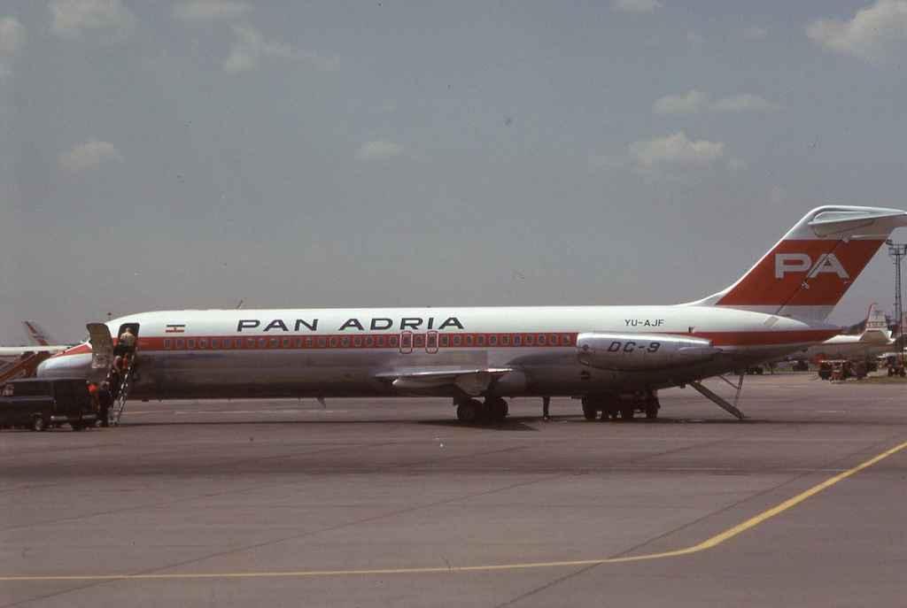 Pan Adria DC-9 YU-AJF at LGW June 1973 in former Swissair colours.
