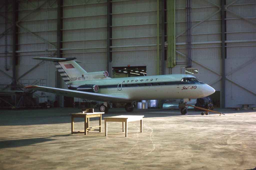 Aeroflot Yak-40 CCCP-87791 at YVR in the Air Canada hangar during a July 1972 demo visit. (Photo by Dr. John Blatherwick)