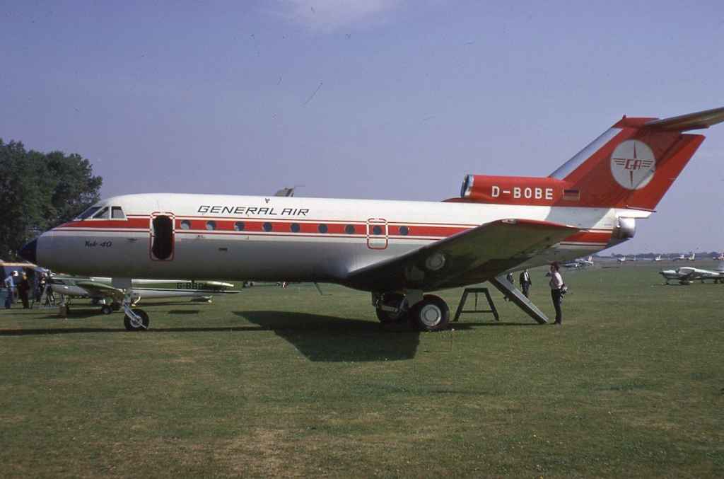 General Air Yak-40 D-BOBE June 1973. General Air was quite an unusual operator of Soviet built airliners as they were based in West Germany. The Yak-40 was a very versatile general use short haul jet transport as evidenced here sitting on a grace field as some sort of public display or airshow.