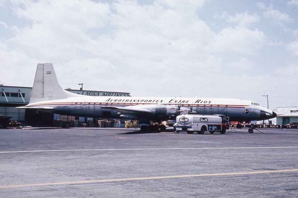 A very rare shot of Aerotransportes Entre Rios Canadair CL-44 LV-JSY in former RCAF colours seen at Miami in the late 1960s. AER was operational with cargo Connies and CL-44 aircraft in the 1960s and early 1970s.