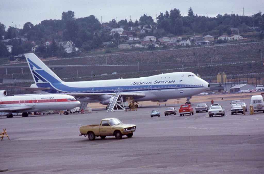 Aerolineas Argentinas Boeing 747 no reg pre delivery at Boeing Field August 1975.