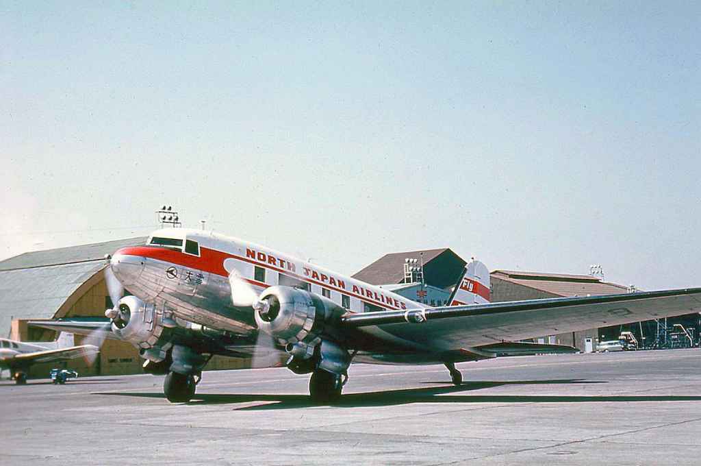North Japan Airlines DC-3 circa 1960. This DC-3 is in former Hawaiian Airlines livery.