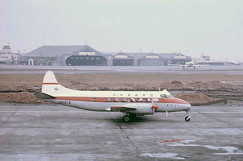 Japan Air Service De Havilland Heron JA6154 at Tokyo Haneda, circa 1960.