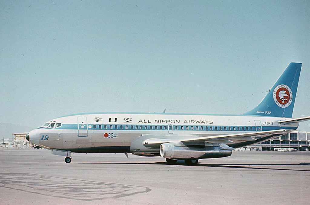 ANA All Nippon Airways 737-200 JA8412 on delivery at San Francisco prior to her trans Pacific ferry flight in the early 1970s. Slide by Clint Groves.