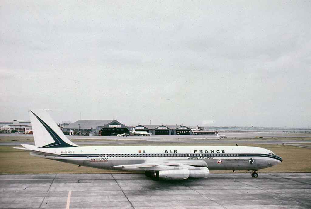 Air France 707 operated for Japan Air Lines F-BHSE at Tokyo Haneda circa late 1960s.