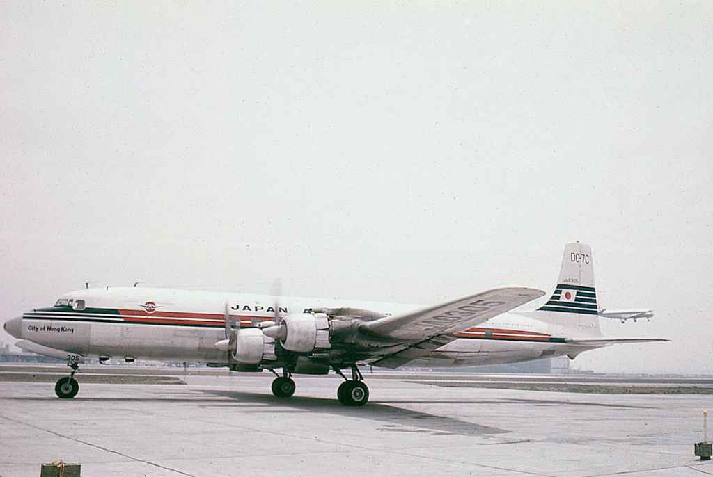 Japan Air Lines DC-7C JA 6305 at Tokyo Haneda circa 1960.