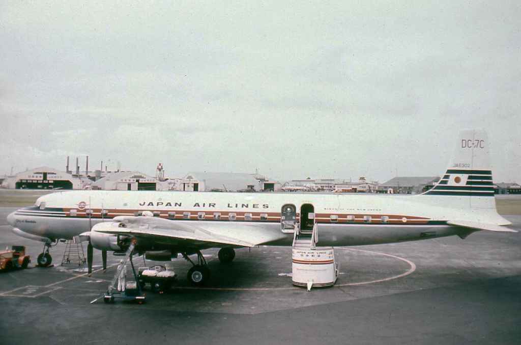 Japan Air Lines DC-7C JA6302 at Tokyo Haneda circa 1960.