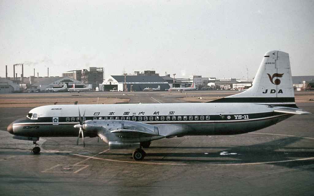 Japan Domestic Airlines JDA YS-11 JA8656 at Tokyo Haneda circa 1970, with Osaka 1970 Expo sticker.