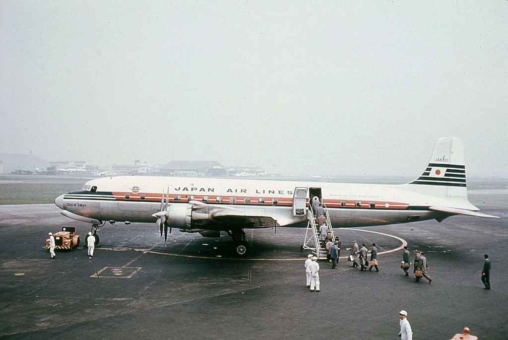Japan Air Lines DC-6 JA6201 at at Tokyo Haneda circa 1960.