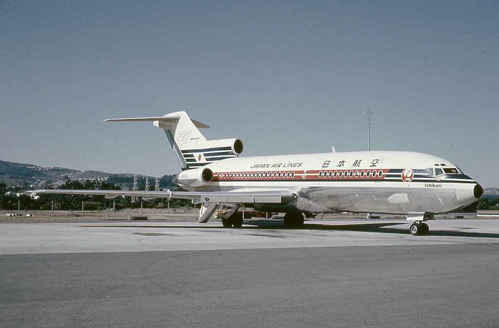 Japan Air Lines 727-100 JA8310 at San Francisco pre delivery before the trans Pacific ferry flight circa late 1960s.