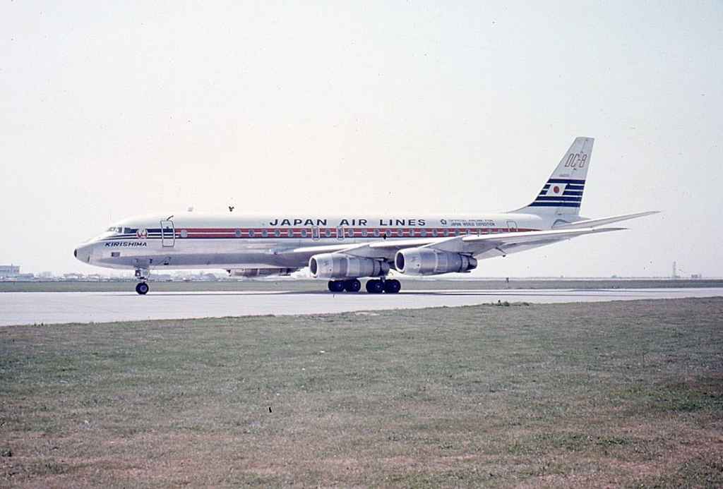 Japan Air Lines DC-8-50 JA8010 at Vancouver May 1969. Slide by Dr. John Blatherwick.