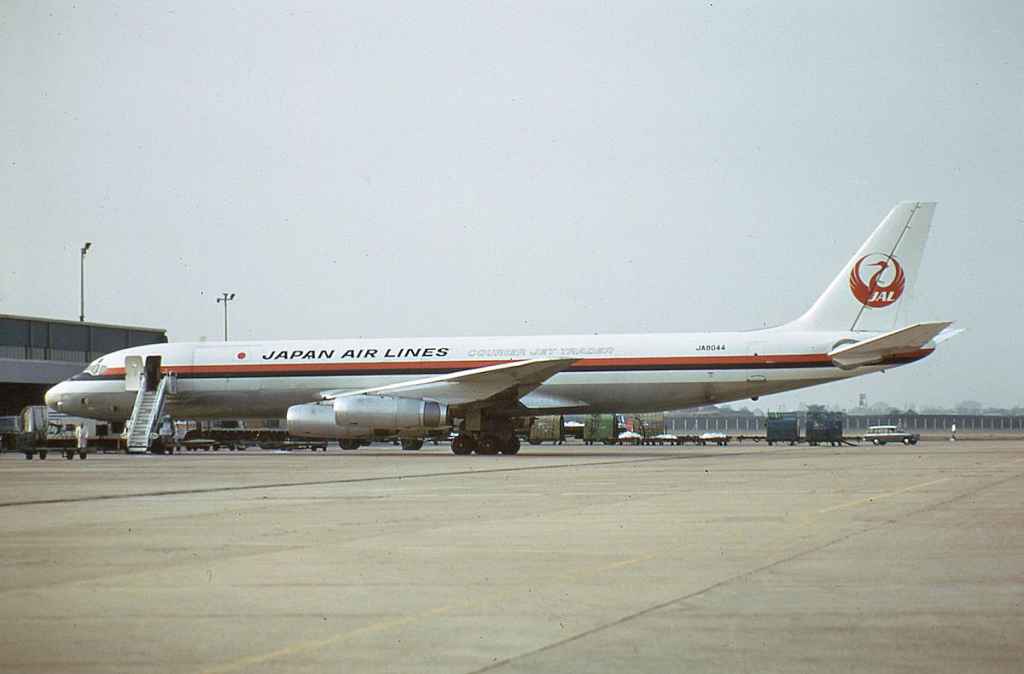 Japan Air Lines DC-8-62F JA8044 at London Heathrow February 1973.