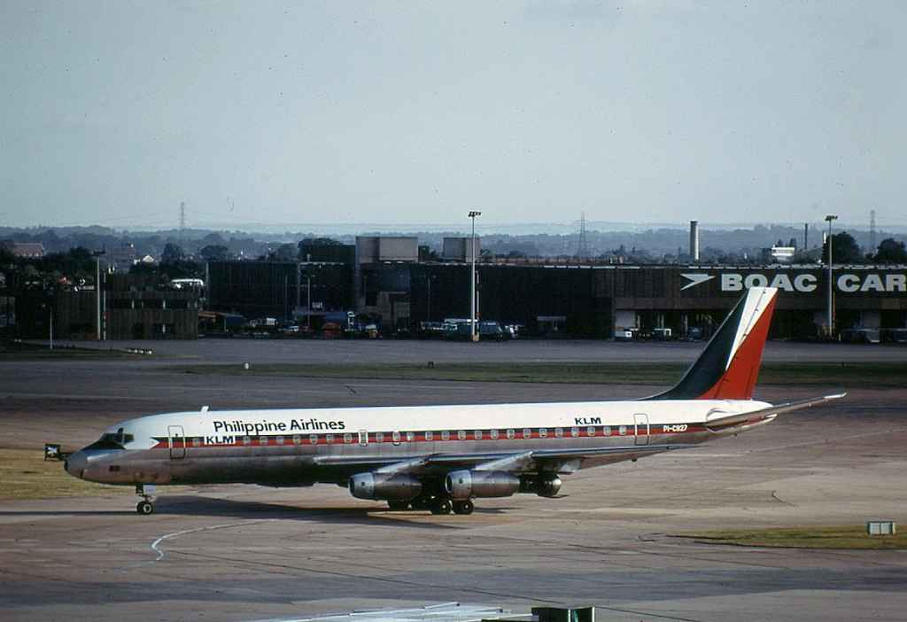 Philippine Airlines DC-8-30 PI-C827 leased to KLM at London Heathrow August 1973.