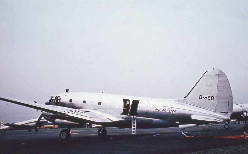 Air America was a CIA owned airline that did clandestine indoctrination work in Vietnam during the Vietnam war. They had an operational base in Taiwan, and this C-46 of Air America B-858 is seen at Taipei in the mid 1960s.