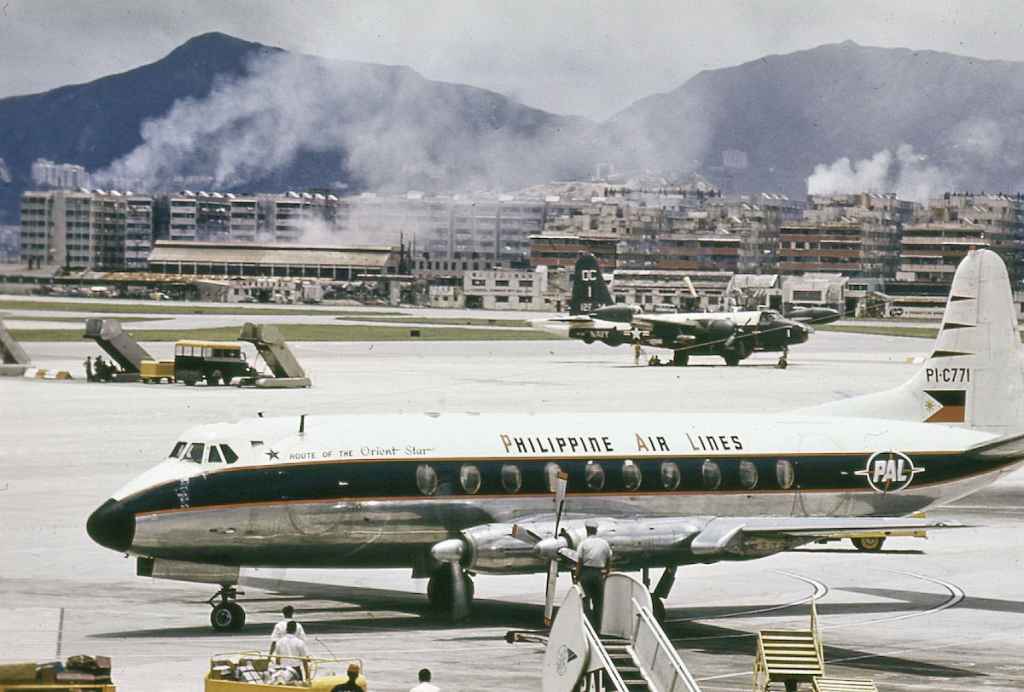 Philippine Air Lines Vickers Viscount 700 PI-C771 at Hong Kong Kai Tak airport circa 1959.