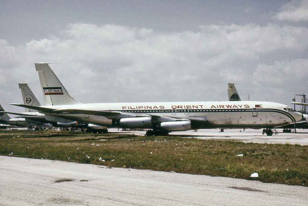 Filipinas Orient Airways Boeing 707-321 N703PA at Miami circa early 1970s prior to delivery to the Philippines based airline.