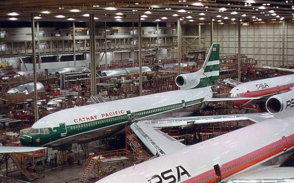 Cathay Pacific L-1011 VR-HHK on the Lockheed Palmdale assembly line circa mid 1970s.
