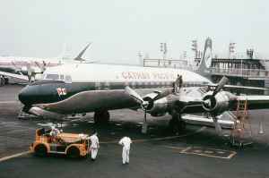 Cathay Pacific Airways Douglas DC-4 VR-HFK at Tokyo Haneda airport circa 1960.