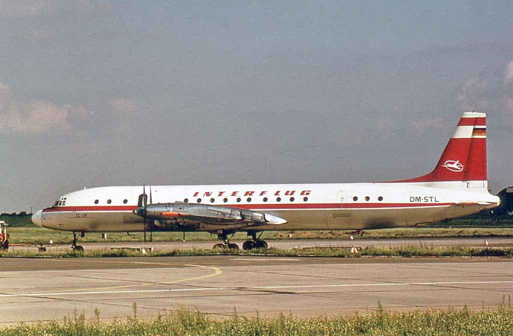 Interflug IL-18 DM-STL at an unknown airport May 1973.