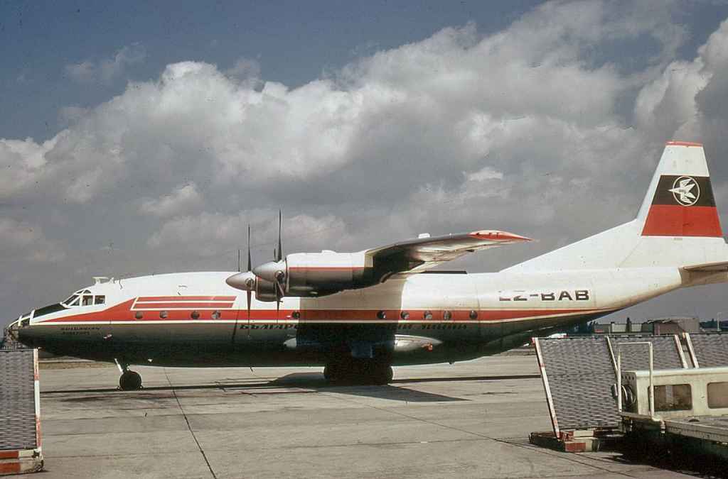 Balkan Bulgarian An-12 LZ-BAB at London Heathrow airport May 1974.