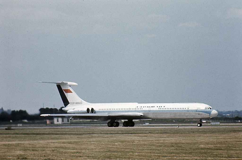 Aeroflot IL-62 CCCP-86665 at London Heathrow airport circa late 1960s.