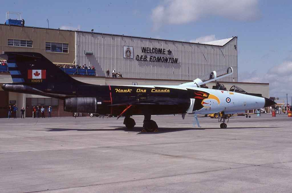 Canadian Armed Forces CF101 Voodoo 101057 Hawk One special scheme at CFB Namao in May, 1984.