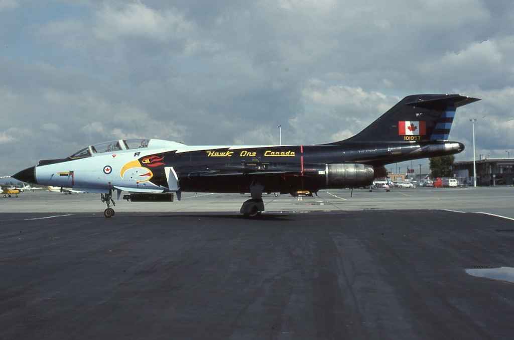 Canadian Armed Forces CF101 Voodoo 101057 Hawk One special scheme at YVR on June 4, 1984. This plane was flown to YVR due to special request for Pat Martin via his connections with DoD in Ottawa. (Henry Tenby slide)