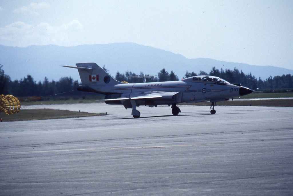 Canadian Armed Forces CF101 Voodoo 101010 with landing chute at Abbotsford Airshow, August 1983.