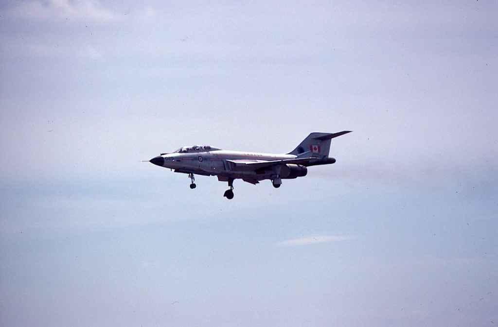 Canadian Armed Forces CF101 Voodoo 101025 single ship gear down flypast at Abbotsford Airshow, August 1974.