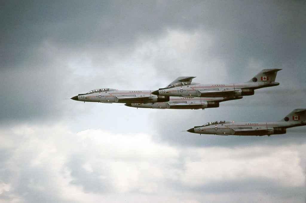Fabulous formation battle ship flypast! Canadian Armed Forces CF101 Voodoos wingtip to wingtip most probably taken at the Abbotsford Airshow in August of 1982.