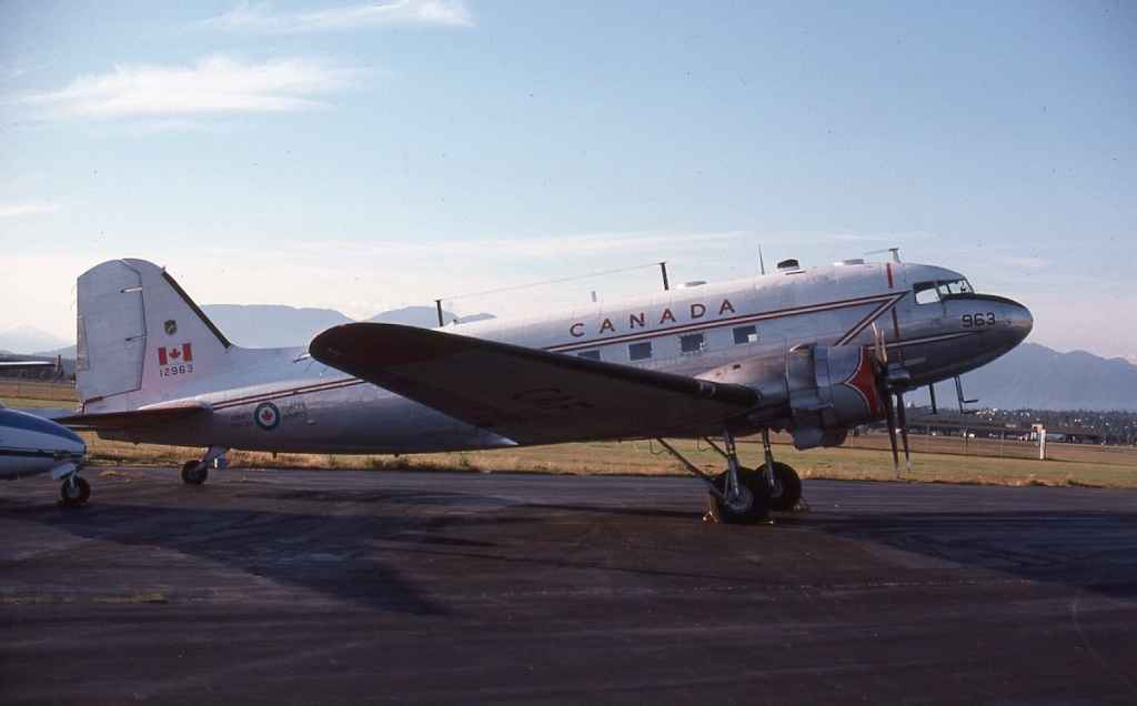 Canadian Armed Forces C-47 Dakota 12963 at Vancouver in June of 1977.
