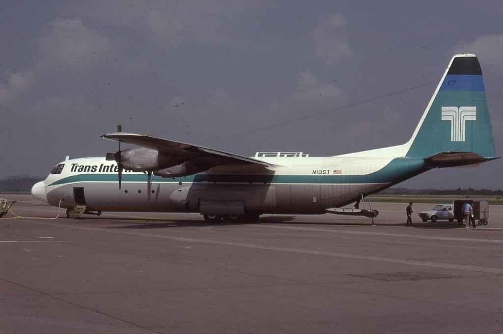 Trans International Lockheed L100-30 Hercules N10ST at Zurich Kloten July 1978.
